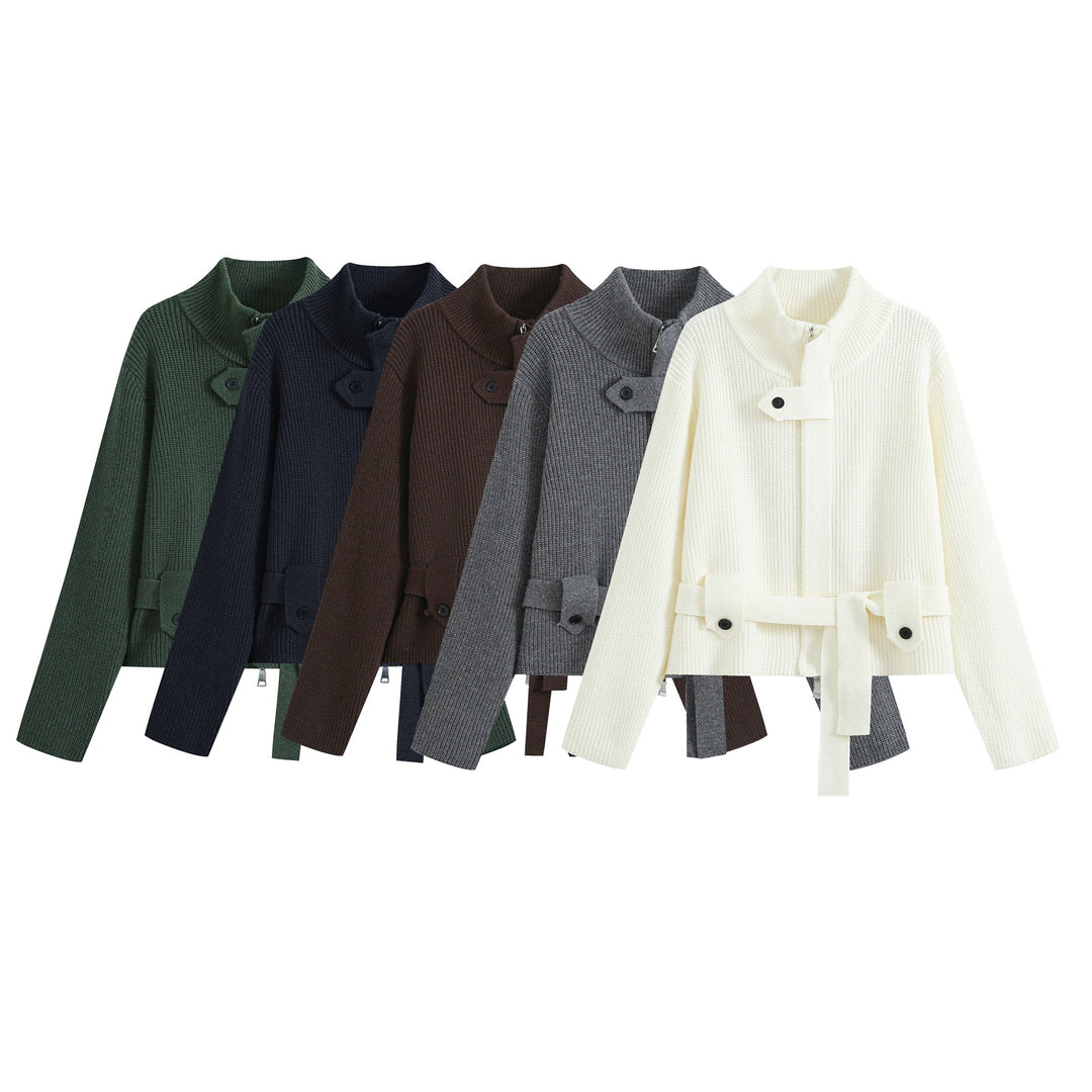 Damen Strickjacke mit Stehkragen, Reißverschluss und Taillenbindegürtel Nord Taschen