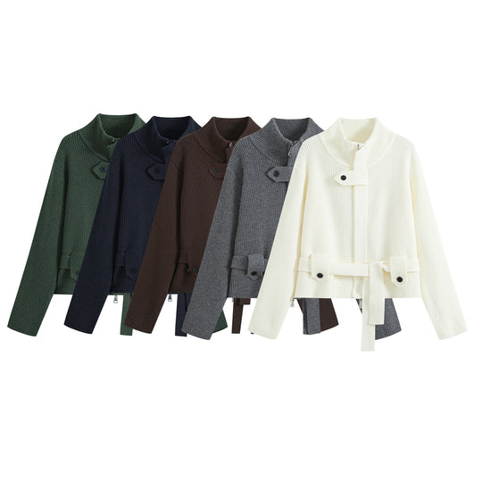 Damen Strickjacke mit Stehkragen, Reißverschluss und Taillenbindegürtel Nord Taschen