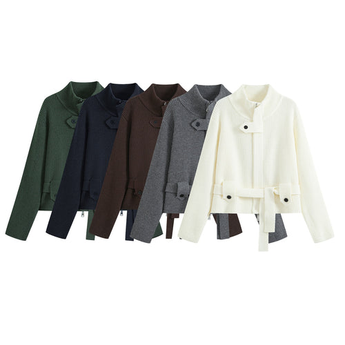 Damen Strickjacke mit Stehkragen, Reißverschluss und Taillenbindegürtel Nord Taschen