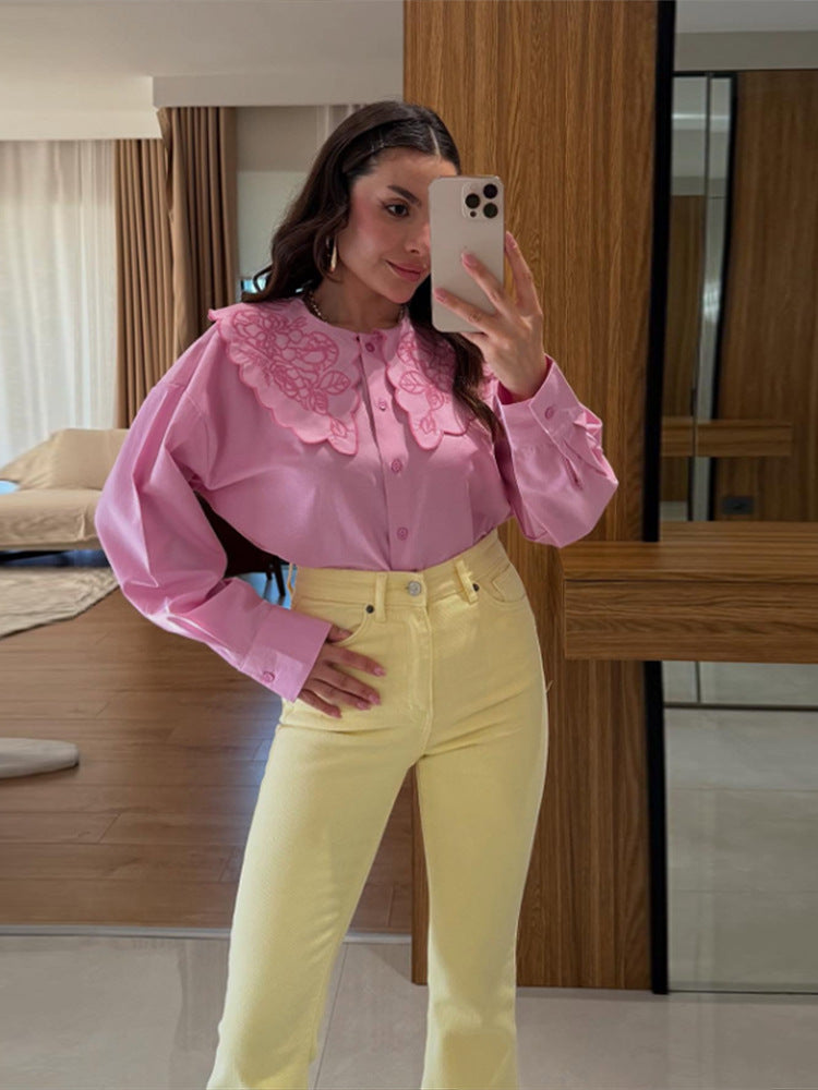 Damen Bluse mit übergroßem besticktem Spitzenkragen, Ballonärmeln & kastiger Silhouette Nord Taschen