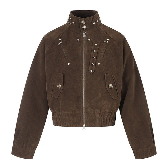 Damen kurze Wildleder‑Bomberjacke mit hohem Stehkragen und metallischen Details Nord Taschen