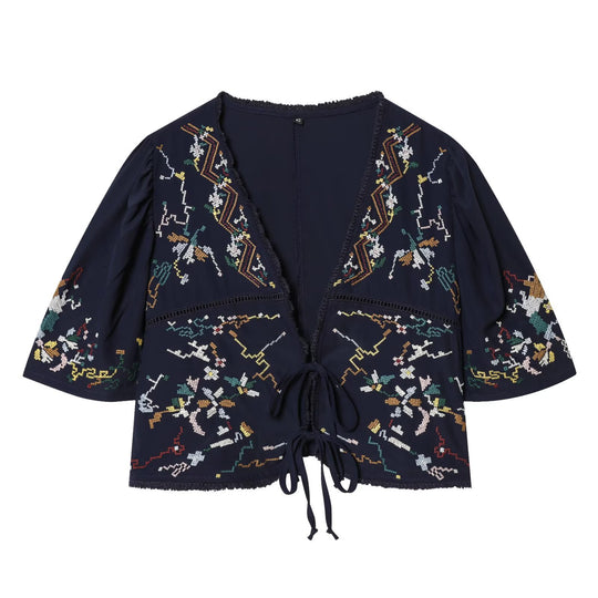 Damen Bestickte Kimono‑Bluse mit Bindebändern und Zierhäkelkante Nord Taschen