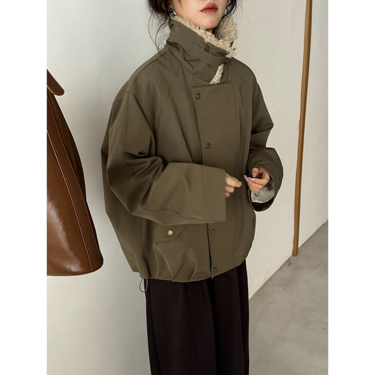 Damen Kurze Oversize-Bomberjacke mit Teddykragen und Druckknopfdetails Nord Taschen