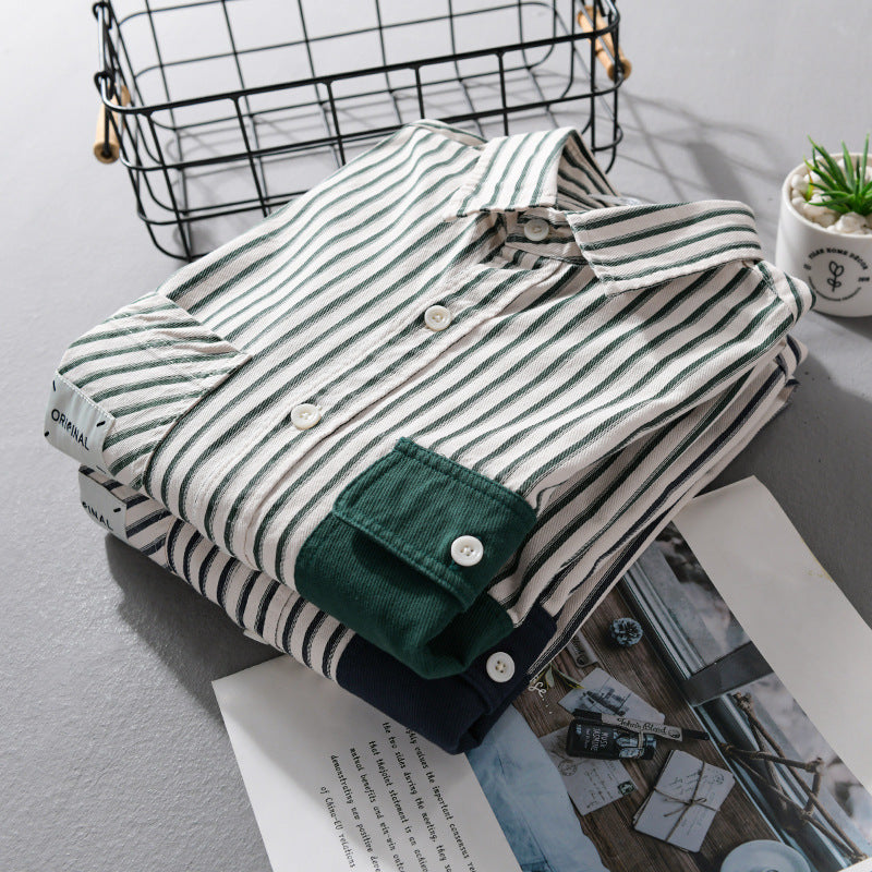 Herren Gestreiftes Overshirt mit Kontrast-Brusttaschen und Kentkragen aus Baumwollmix Nord Taschen
