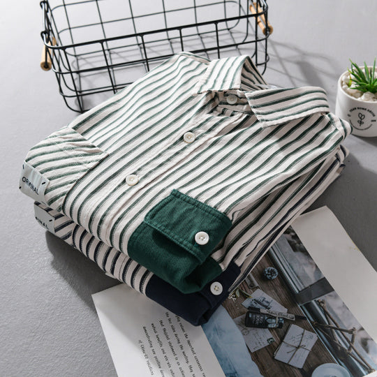 Herren Gestreiftes Overshirt mit Kontrast-Brusttaschen und Kentkragen aus Baumwollmix Nord Taschen