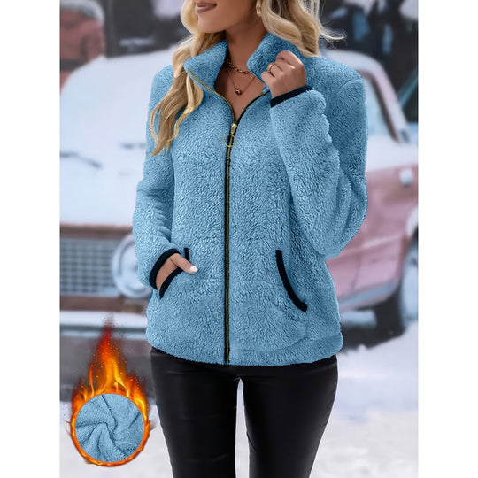 Damen Thermo-Sherpa-Fleecejacke mit Stehkragen, Kontrastkanten und Ringzipper Nord Taschen
