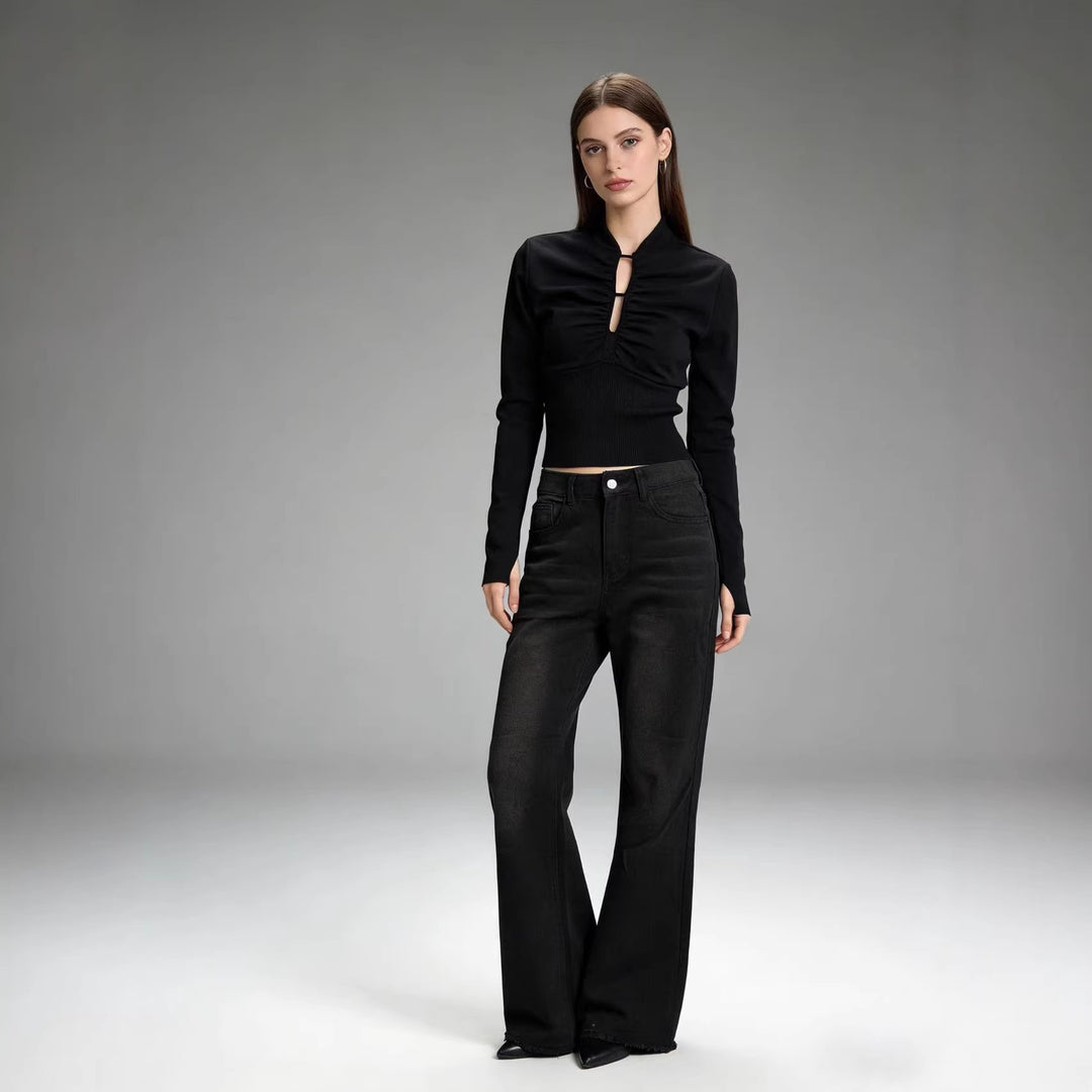 Damen hochgeschnittene Stretch-Flared-Jeans mit ausgefranstem Saum und taillierendem Five‑Pocket-Schnitt Nord Taschen