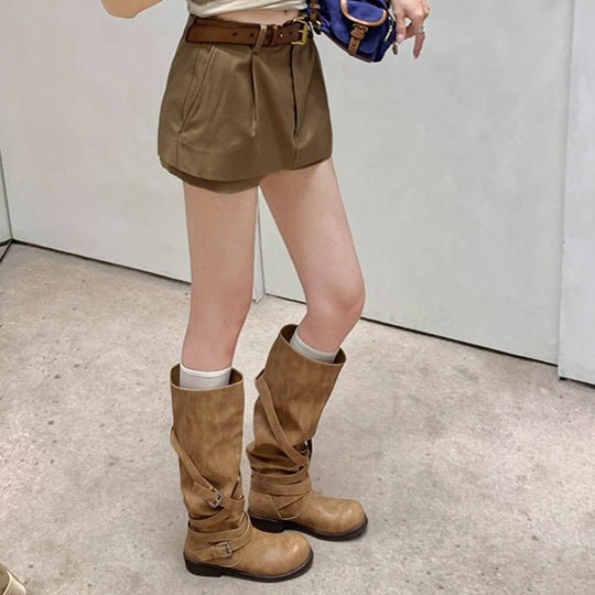 Damen Kniehohe Biker-Stiefel in Leder-Optik mit verstellbaren Schnallen Nord Taschen