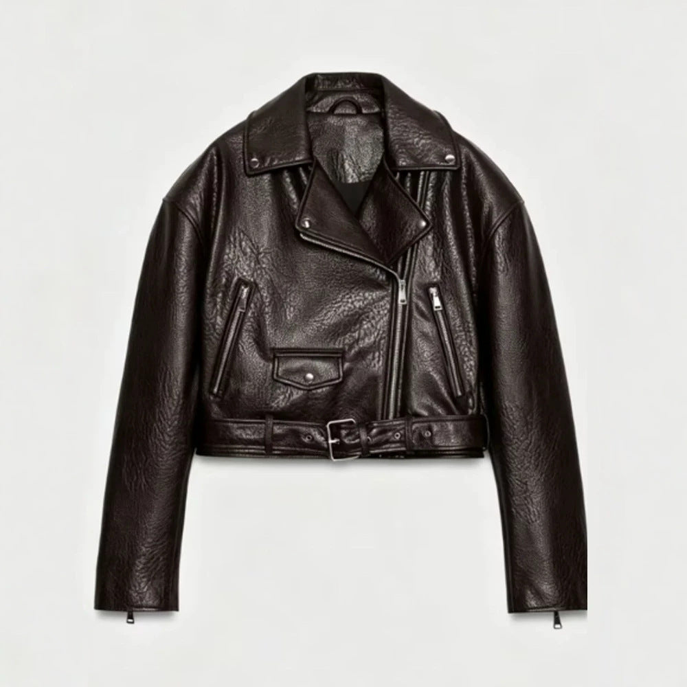 Damen Kurz geschnittene Bikerjacke aus Kunstleder mit Taillengürtel und asymmetrischem Reißverschluss Nord Taschen