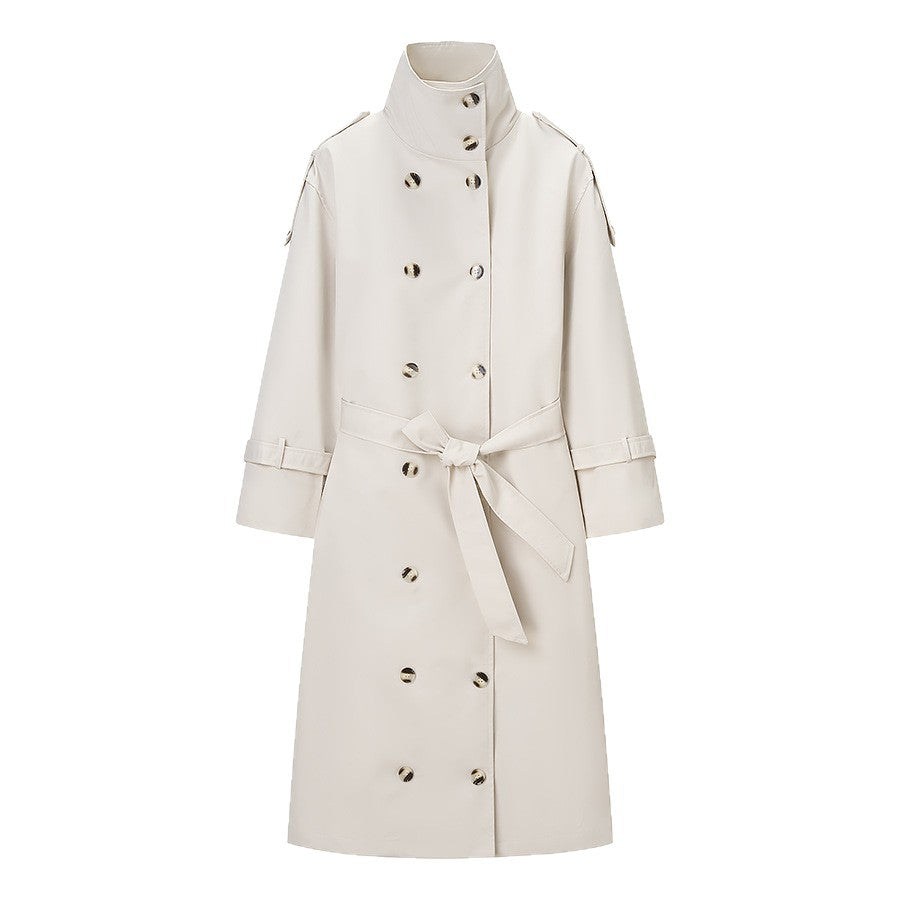 Damen Langer doppeltgereihter Trenchcoat mit hohem Stehkragen und Taillengürtel Nord Taschen