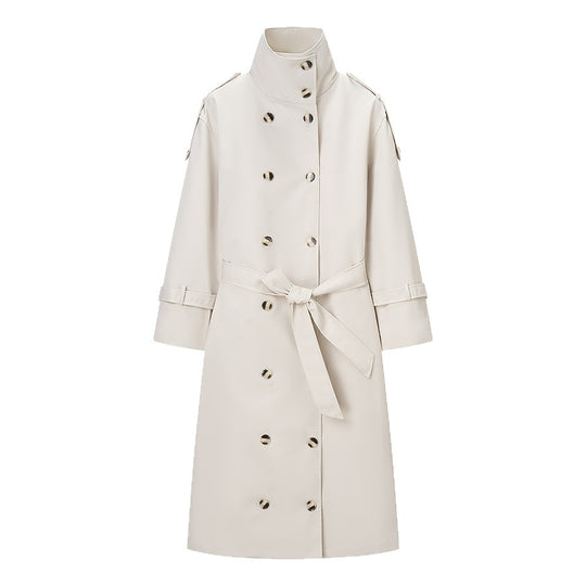 Damen Langer doppeltgereihter Trenchcoat mit hohem Stehkragen und Taillengürtel Nord Taschen