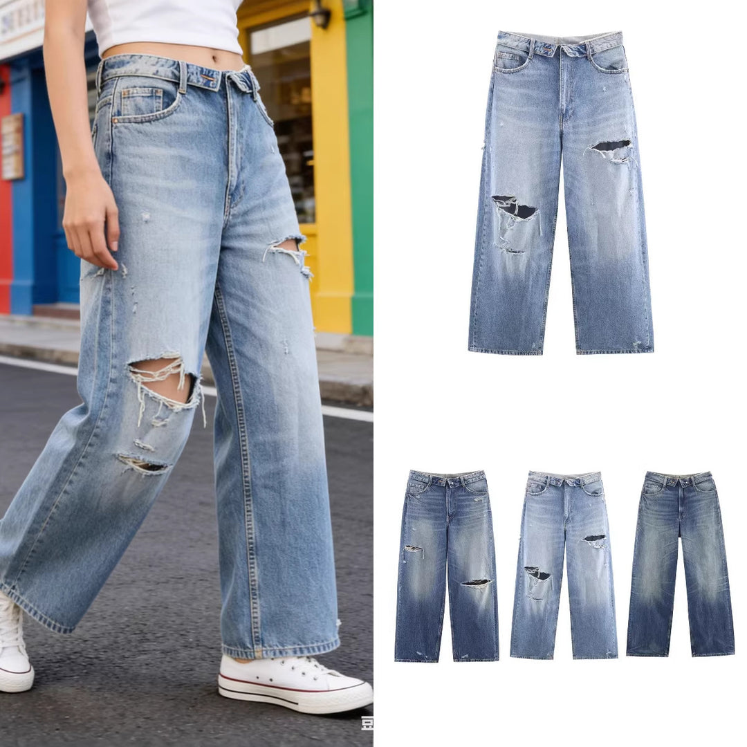 Damen Weite Destroyed-Jeans mit hoher Taille und geradem Bein Nord Taschen