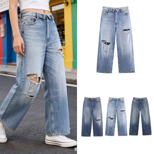 Damen Weite Destroyed-Jeans mit hoher Taille und geradem Bein Nord Taschen