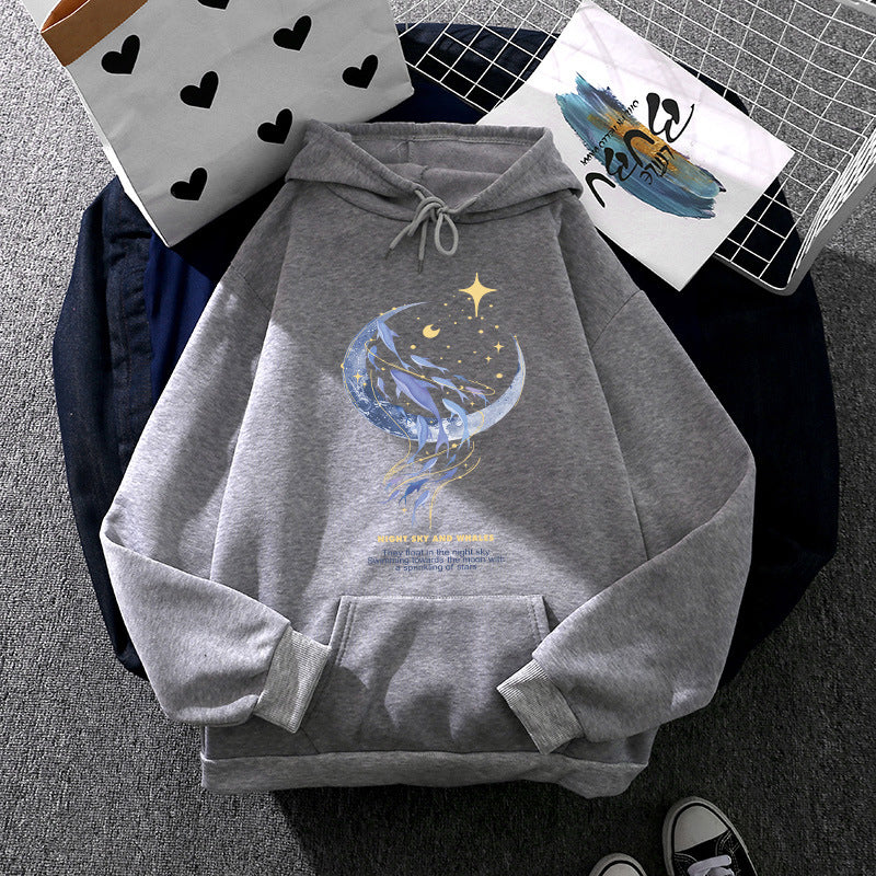 Damen Kapuzenpullover mit Mond‑und‑Wal-Illustration, Oversize-Schnitt und Kängurutasche Nord Taschen