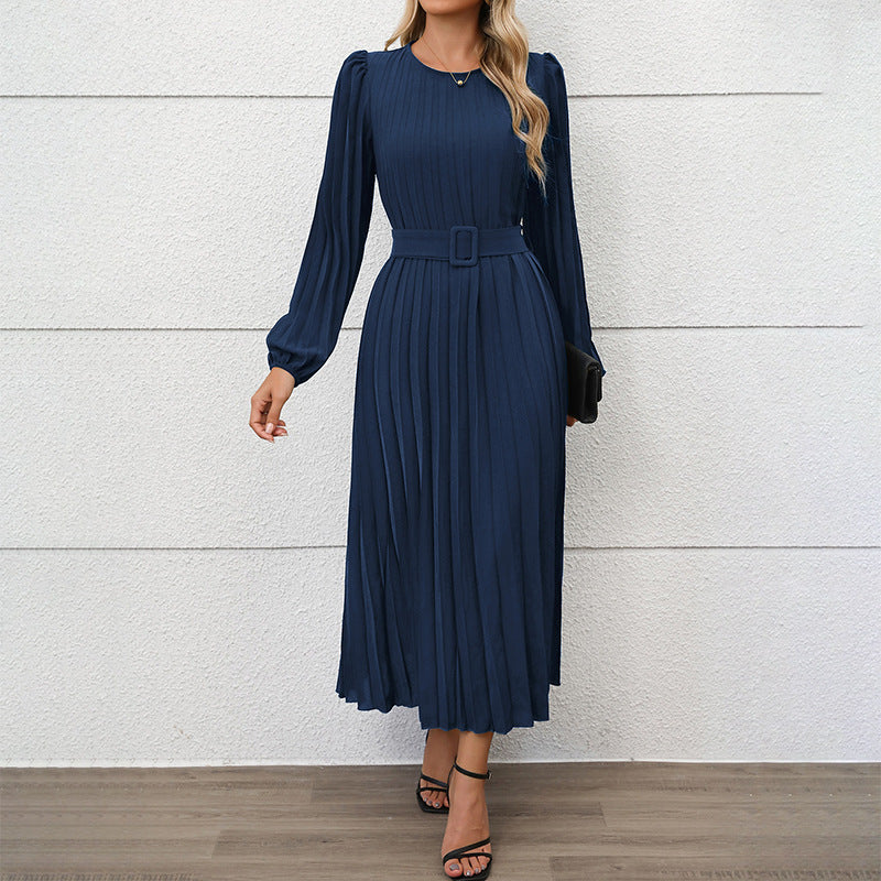 Damen Elegantes Faltenmaxikleid mit Taillengürtel Nord Taschen