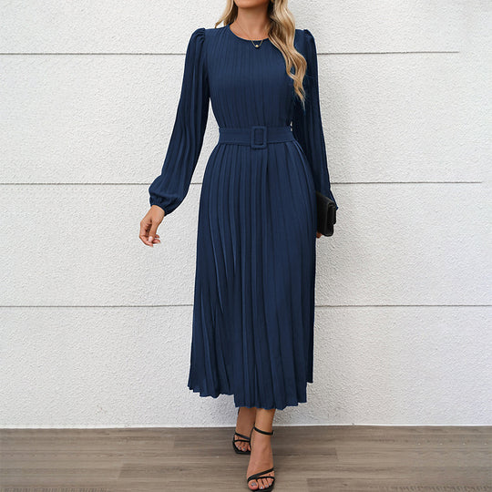 Damen Elegantes Faltenmaxikleid mit Taillengürtel Nord Taschen