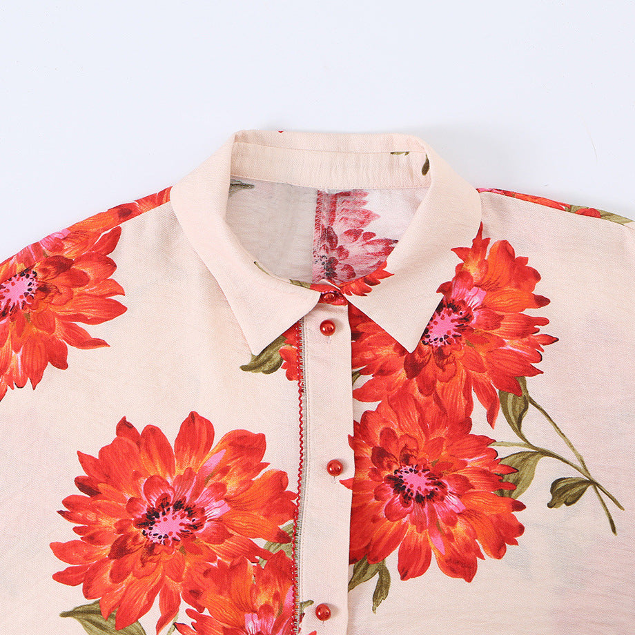 Damen Oversize-Bluse mit Blumenprint, durchgehender Knopfleiste und Dreiviertelärmeln Nord Taschen