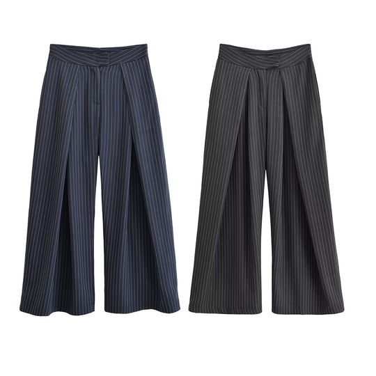 Damen Palazzo-Hose mit Nadelstreifen, vorn segmentierten Falten und hoher Bund Nord Taschen