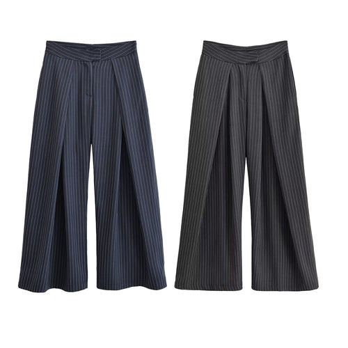 Damen Palazzo-Hose mit Nadelstreifen, vorn segmentierten Falten und hoher Bund Nord Taschen
