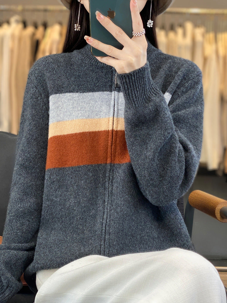 Damen Reißverschluss-Strickcardigan aus weichem Wollmix mit Blockstreifen und geripptem Saum Nord Taschen