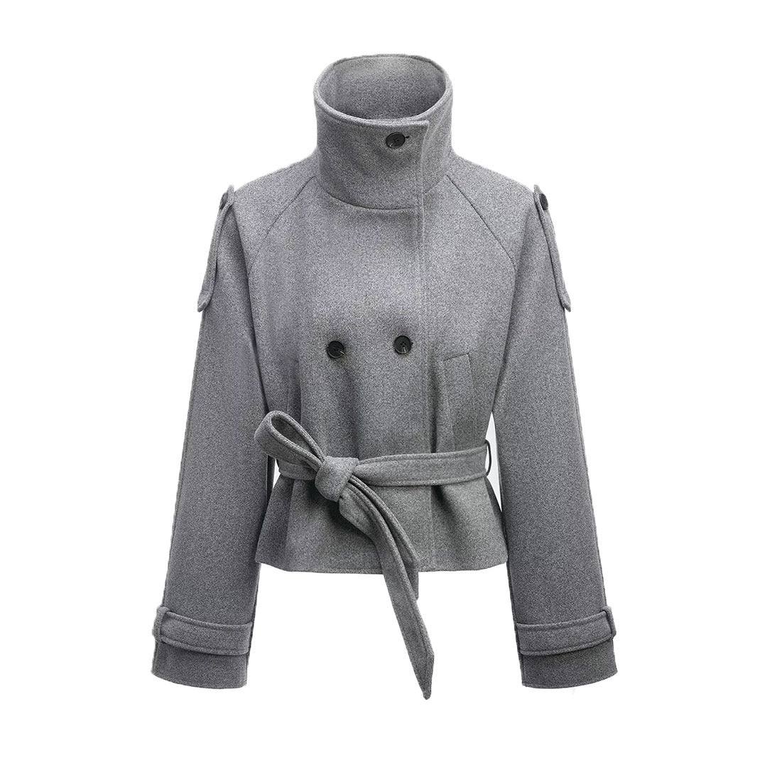 Damen Cropped Wollmix‑Kurzmantel mit hohem Stehkragen, Epauletten und Taillengürtel Nord Taschen