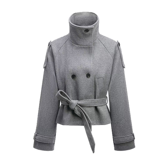 Damen Cropped Wollmix‑Kurzmantel mit hohem Stehkragen, Epauletten und Taillengürtel Nord Taschen