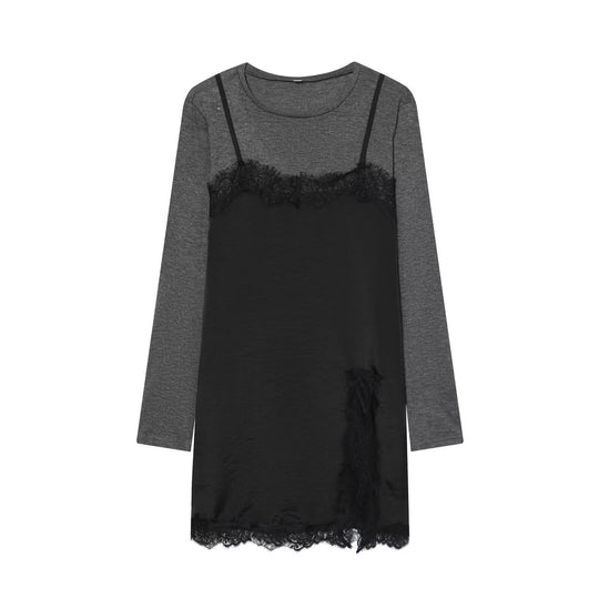 Damen Lagenlook-Longsleeve mit Satin-Slip-Einsatz und Spitzenbesatz Nord Taschen