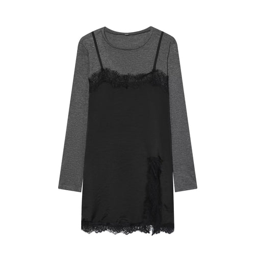 Damen Lagenlook-Longsleeve mit Satin-Slip-Einsatz und Spitzenbesatz Nord Taschen