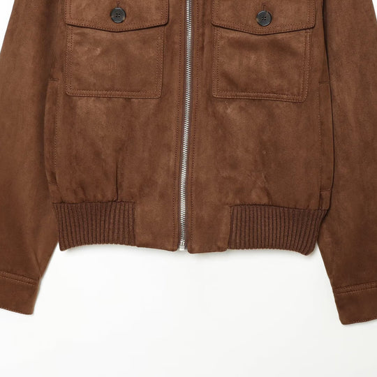 Damen Veloursleder‑Optik Bomberjacke mit Rippsaum, Brusttaschen und durchgehendem Reißverschluss Nord Taschen