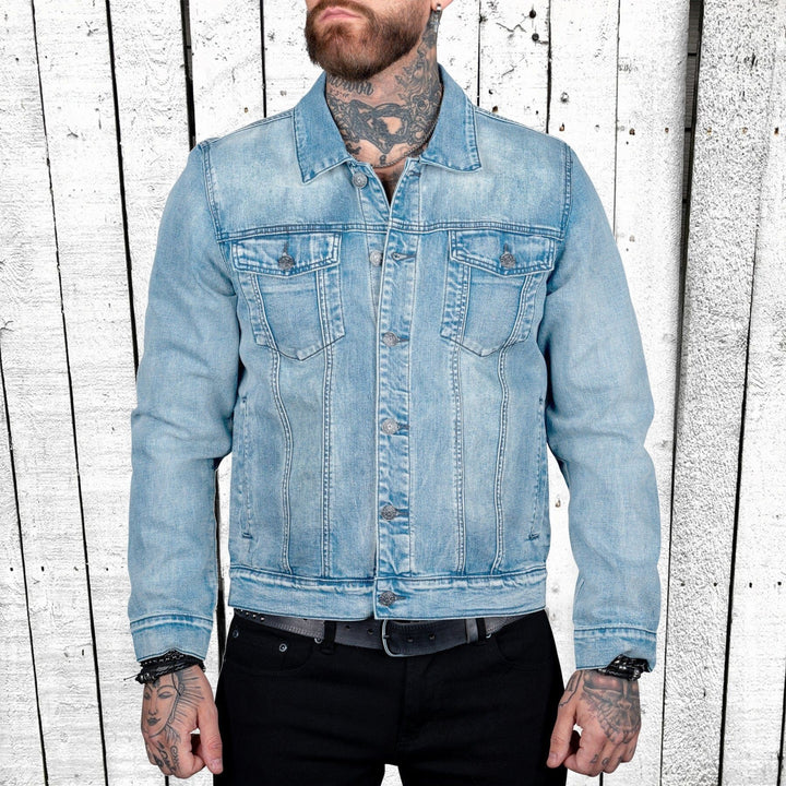 Herren taillierte Trucker-Denimjacke mit Pattentaschen, Metallknopfleiste und kontrastierenden Nähten Nord Taschen