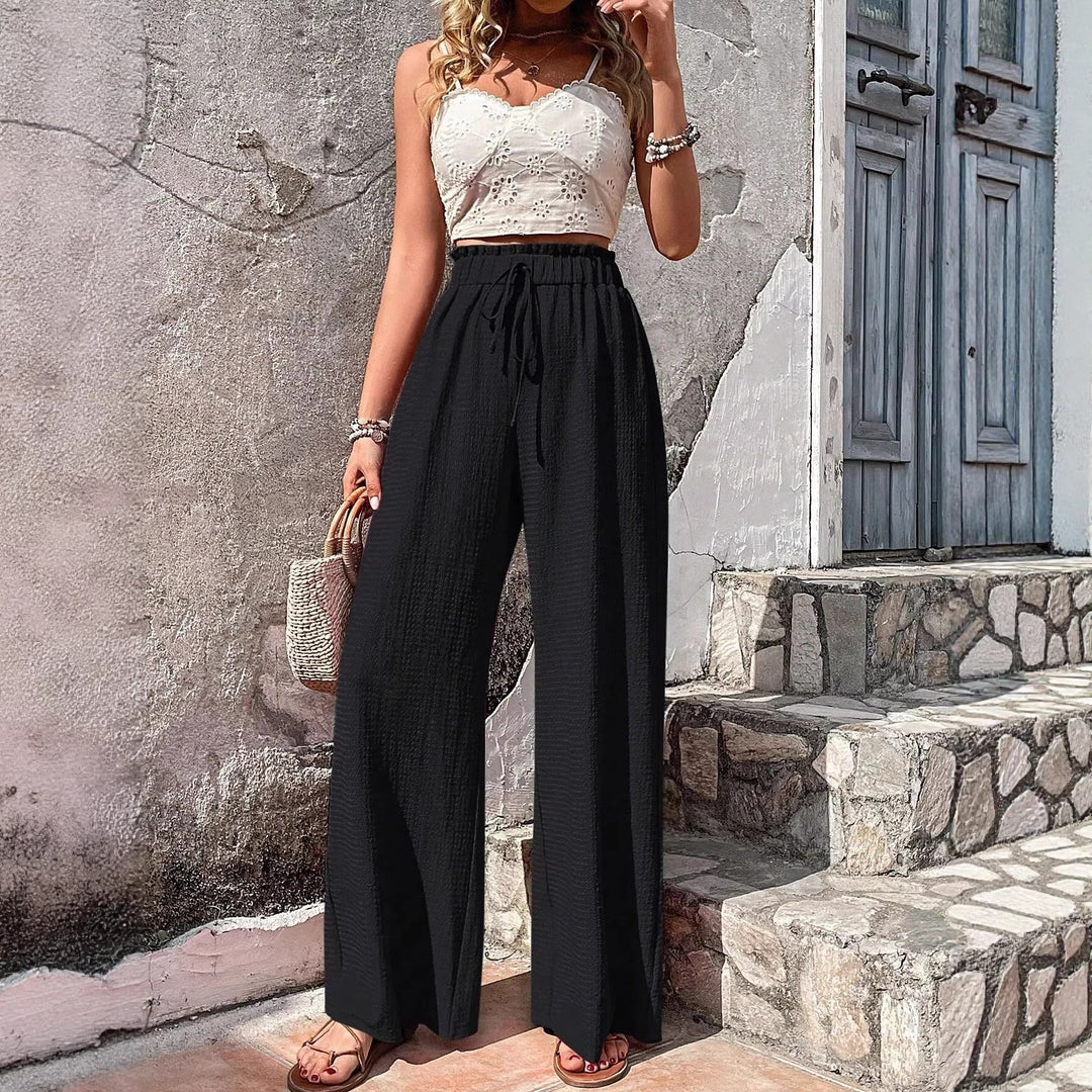 Damen Leichtgewichtige Palazzo-Hose mit Crinkle-Struktur, hohem Smockbund und Kordelzug Nord Taschen