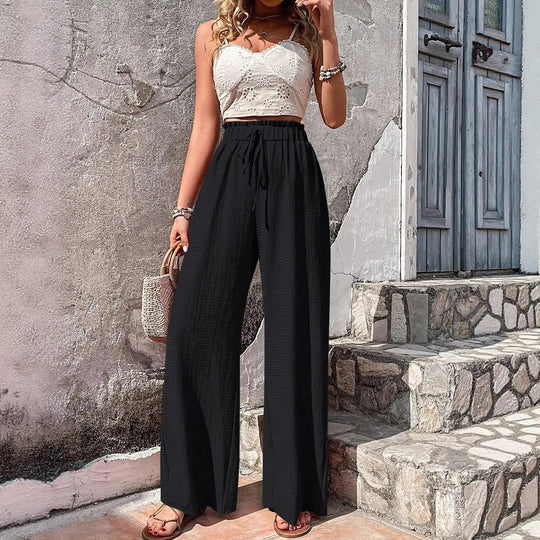 Damen Leichtgewichtige Palazzo-Hose mit Crinkle-Struktur, hohem Smockbund und Kordelzug Nord Taschen