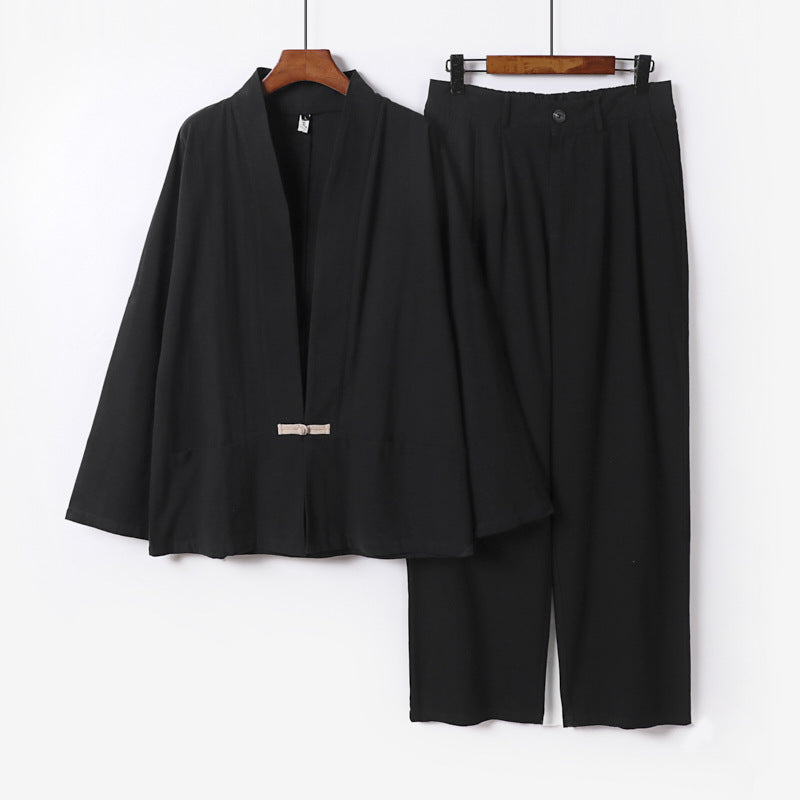 Damen Kimono-Lounge-Set aus leichtem Viskose-Leinen mit dekorativem Knebelverschluss und weiter Bundhose Nord Taschen