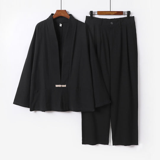 Damen Kimono-Lounge-Set aus leichtem Viskose-Leinen mit dekorativem Knebelverschluss und weiter Bundhose Nord Taschen