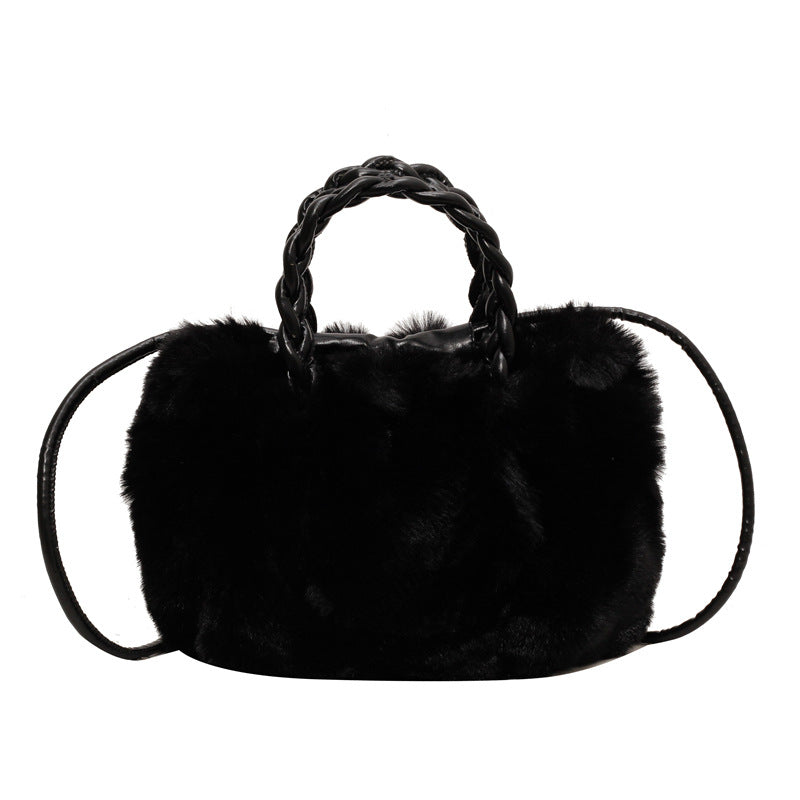 Damen Plüsch Handtasche mit geflochtenem Griff Nord Taschen