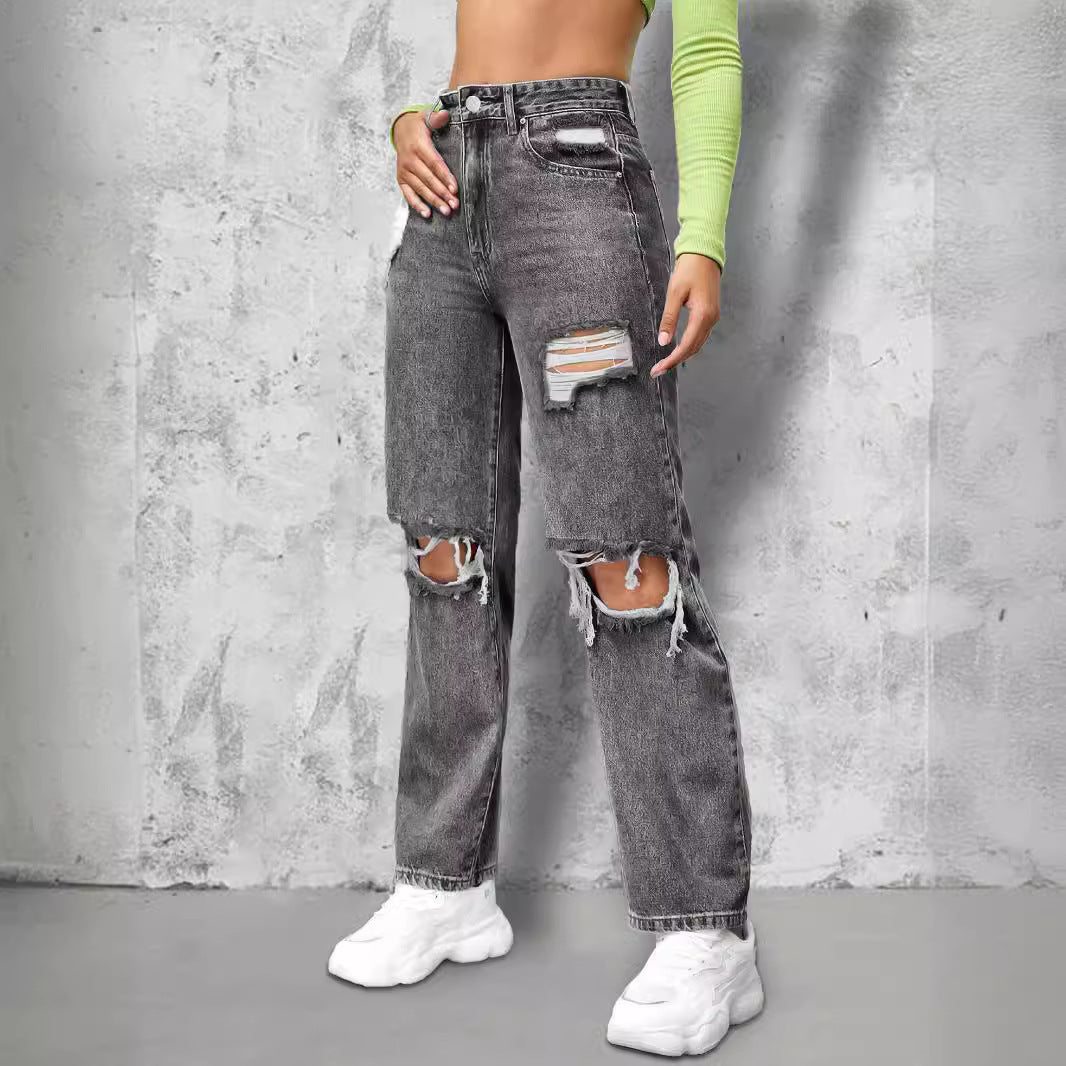 Damen High‑Waist Ripped Straight‑Leg Jeanshose mit Knie‑Cutouts und Used‑Wash Nord Taschen