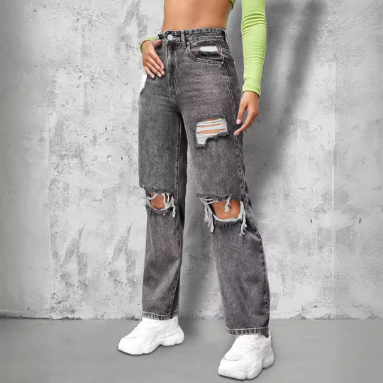 Damen High‑Waist Ripped Straight‑Leg Jeanshose mit Knie‑Cutouts und Used‑Wash Nord Taschen