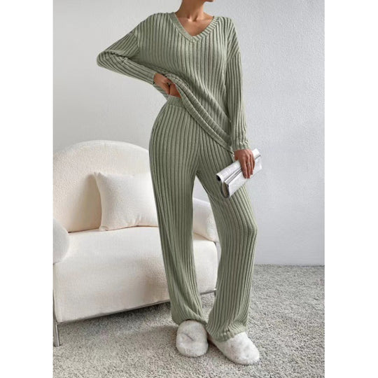 Damen Gemütliches Rippstrick-Loungewear-Set mit V-Ausschnitt und weitem Bein Nord Taschen