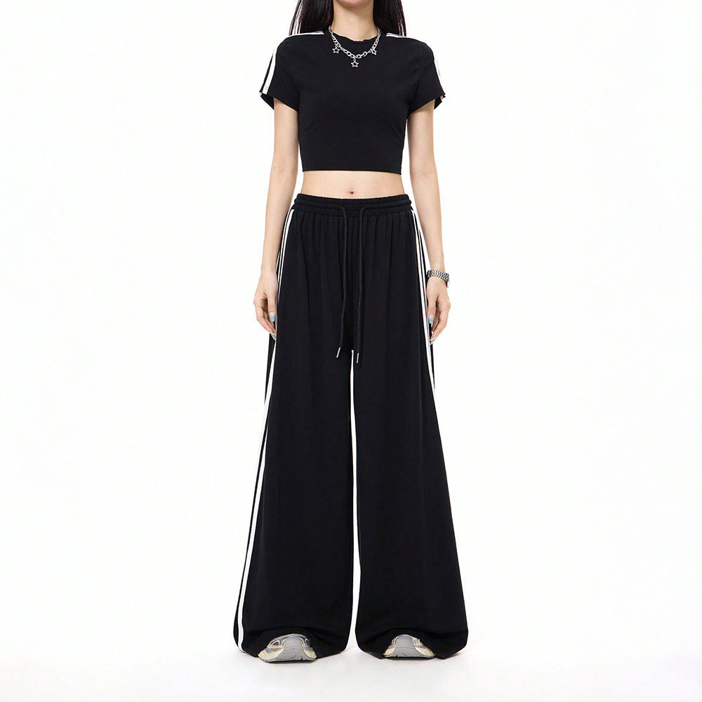 Damen lässige Highwaist weite Sweathose mit elastischem Bund, Tunnelzug und seitlichen Kontraststreifen Nord Taschen