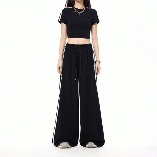 Damen lässige Highwaist weite Sweathose mit elastischem Bund, Tunnelzug und seitlichen Kontraststreifen Nord Taschen