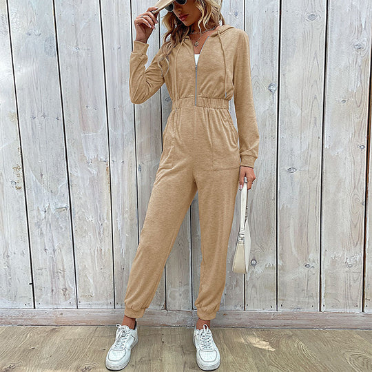 Damen Kapuzen-Jumpsuit mit Reißverschluss, elastischer Taillenpassform & Joggerbündchen Nord Taschen