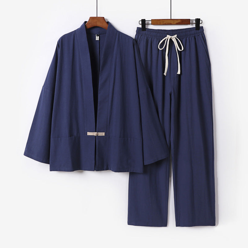 Herren Zen-inspiriertes Kimono-Loungewear-Set aus leichter Baumwollmischung mit offenem Schnitt und Kordelbundhose Nord Taschen