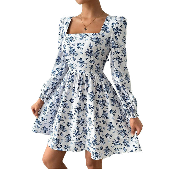 Damen florales Minikleid mit quadratischem Ausschnitt tailliertem Schößchen und langen Puffärmeln Nord Taschen
