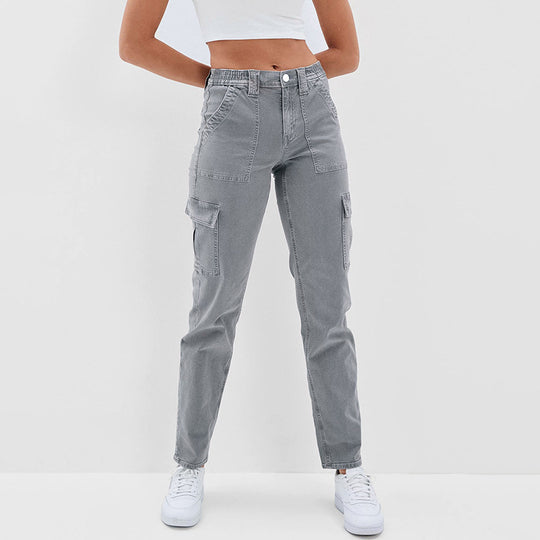 Damen Hochtaillierte Cargohose aus Denim mit geradem Bein und Mehrfachtaschen Nord Taschen
