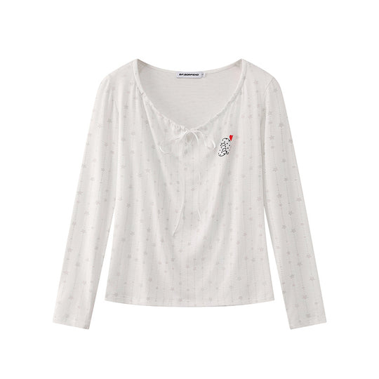 Damen Langarmshirt mit Schnürung am Ausschnitt, feinem Sternen-Jacquard und Herz-Emblem Nord Taschen