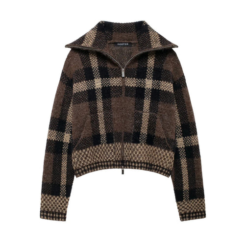 Damen 70+ kurzer kariert melierter Strickpullover mit halbem Reißverschlusskragen Nord Taschen