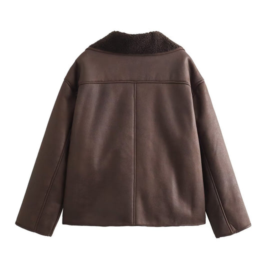 Damen Kurze Lammfelloptik Fliegerjacke mit Teddyfutter und Knopfleiste Nord Taschen