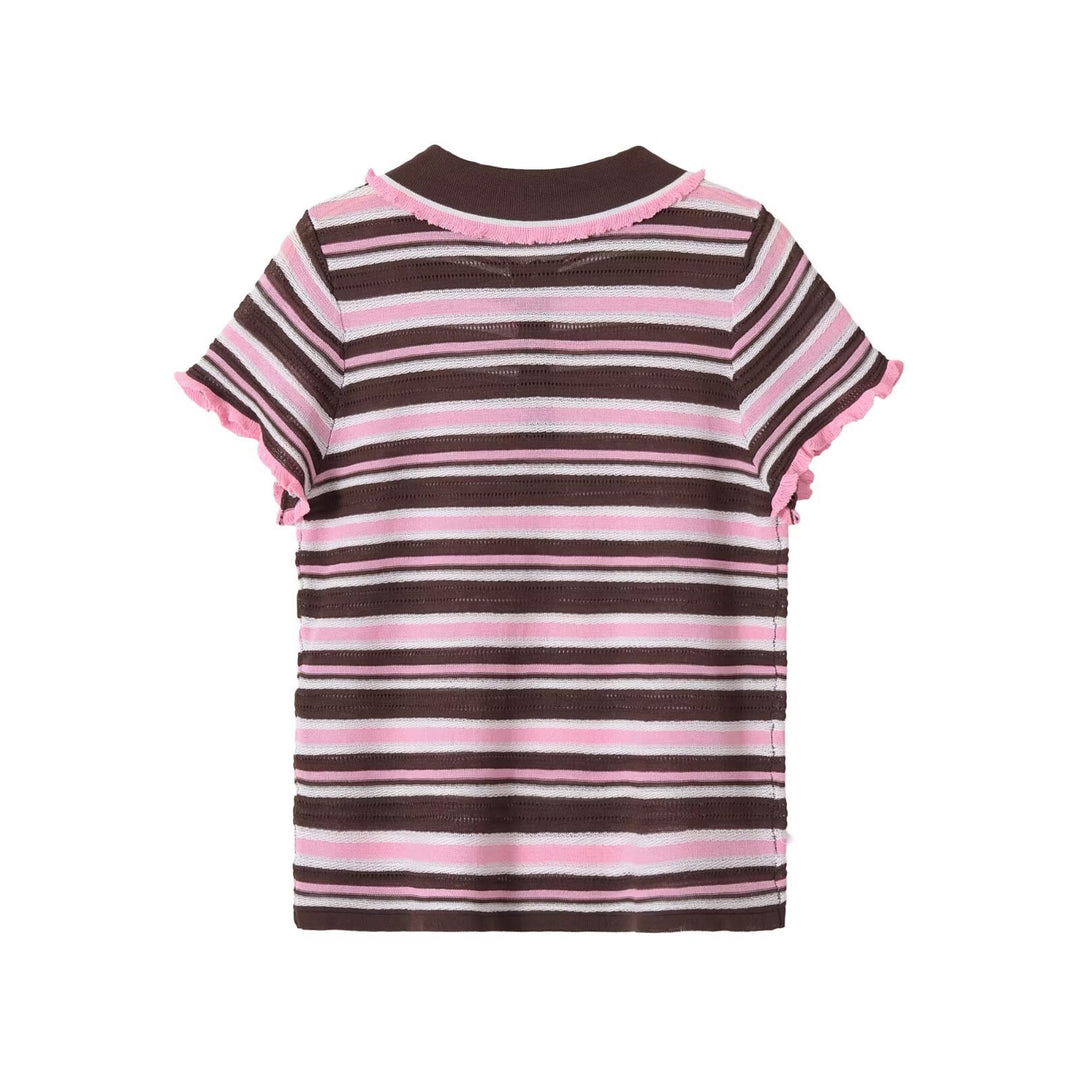 Damen Gestreiftes kurzärmeliges Poloshirt aus Feinstrick mit Rüschenkante und 3‑Knopf‑Leiste Nord Taschen