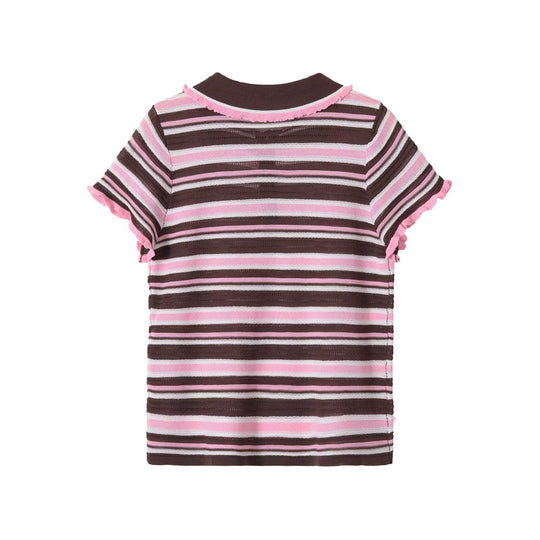 Damen Gestreiftes kurzärmeliges Poloshirt aus Feinstrick mit Rüschenkante und 3‑Knopf‑Leiste Nord Taschen