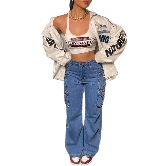 Damen Cargo-Denim-Hose mit weitem Bein, hoher Taille & multifunktionalen Klappentaschen Nord Taschen